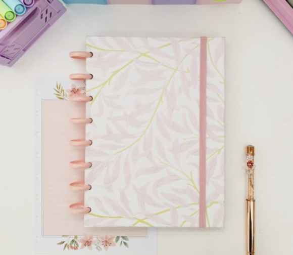 Caderno de disco inteligente Floral Elegante Folhas decoradas Tamanho A5 (médio)